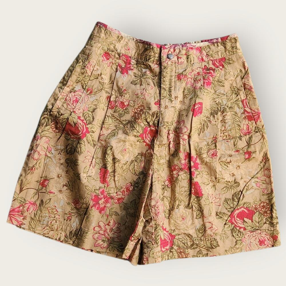 LizSport Shorts Womens Sz 10 Gold Floral Pleated Elastic Waist Wide Leg VTG 90's